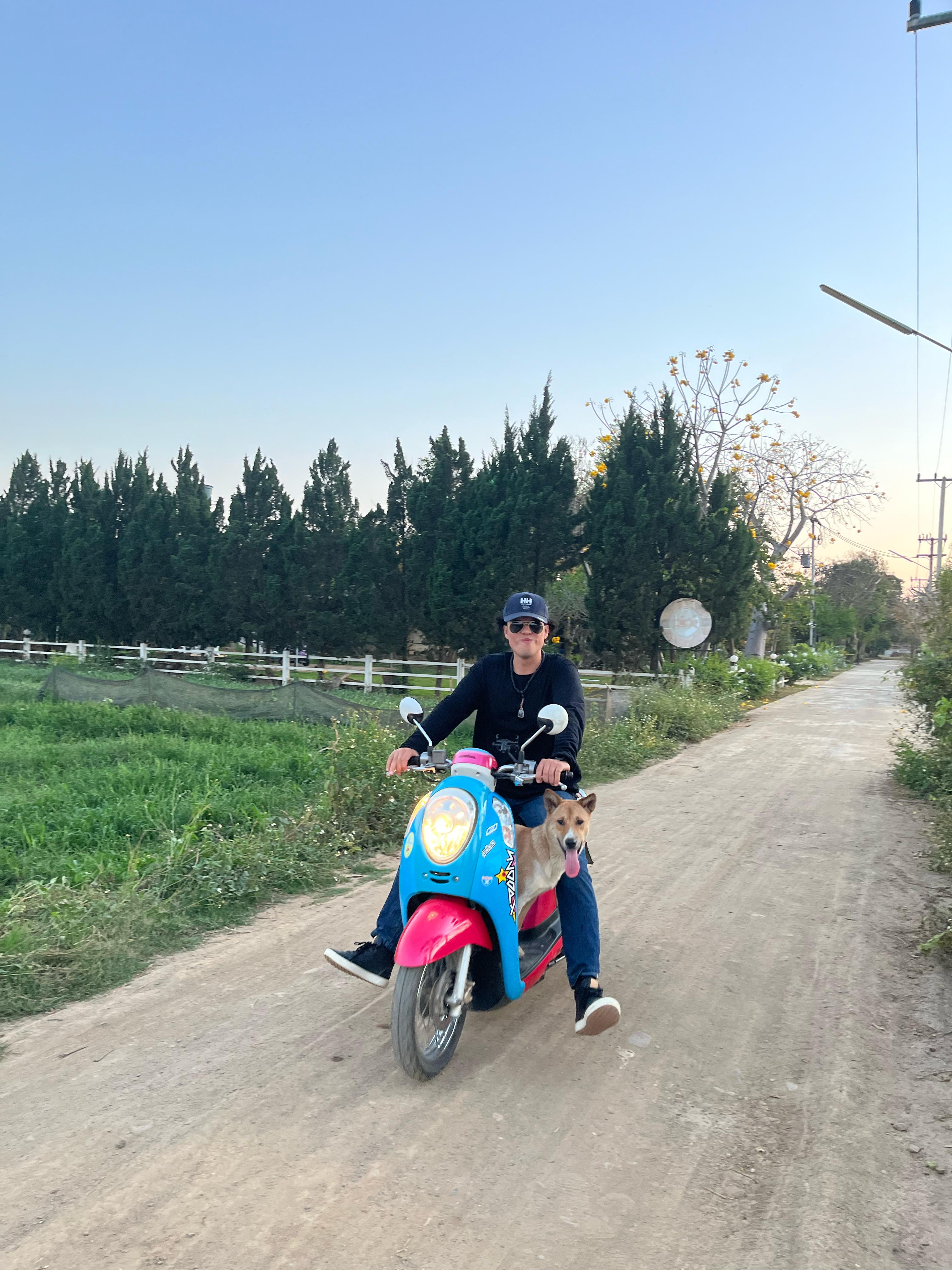 Juan Antonio, SCOOTSCOOT founder, riding a blue and pink scooter with his dog in Southeast Asia