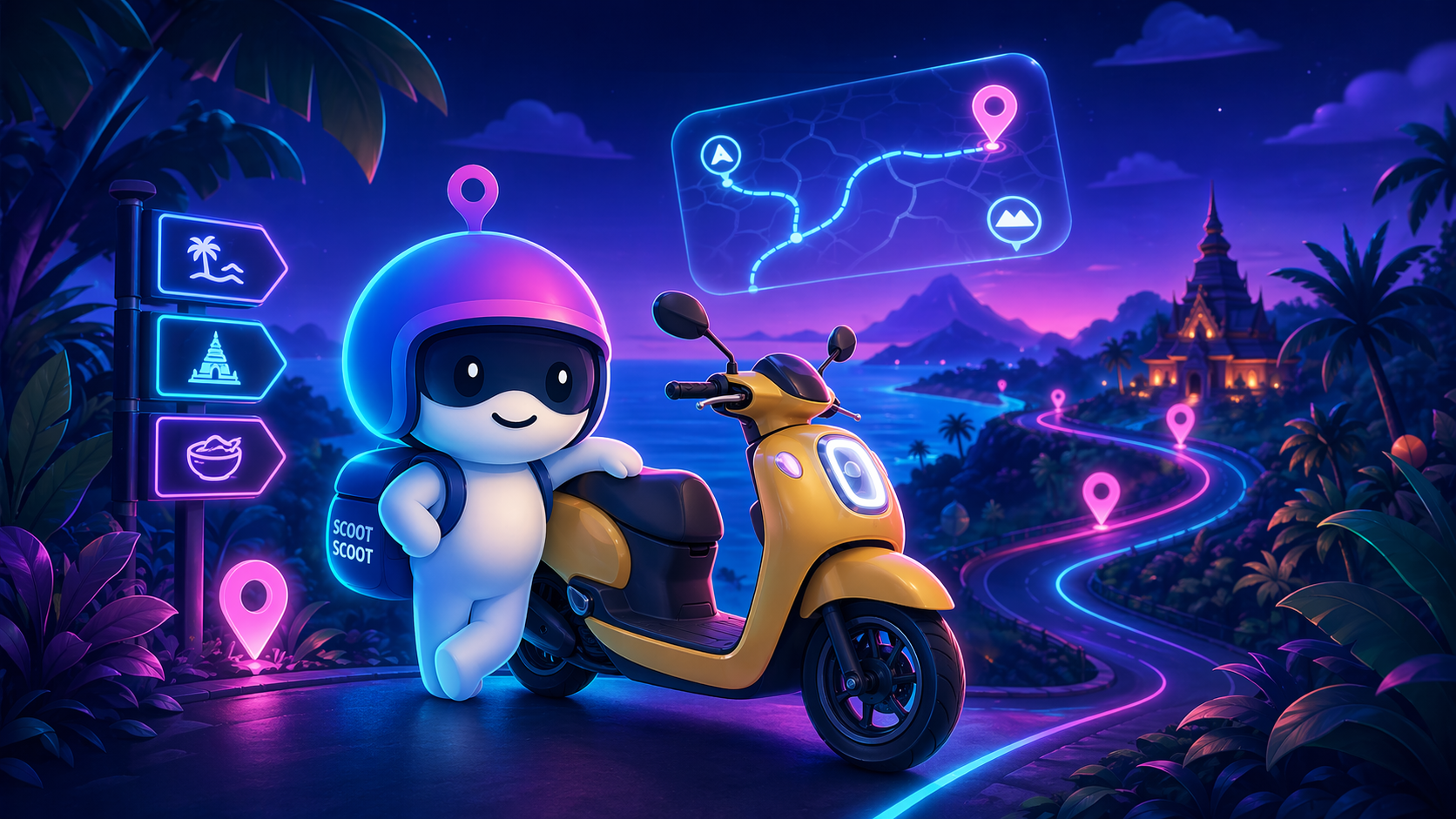 Scootie with a scooter and signposts pointing to beaches, temples, and food — the adventure beyond the booking