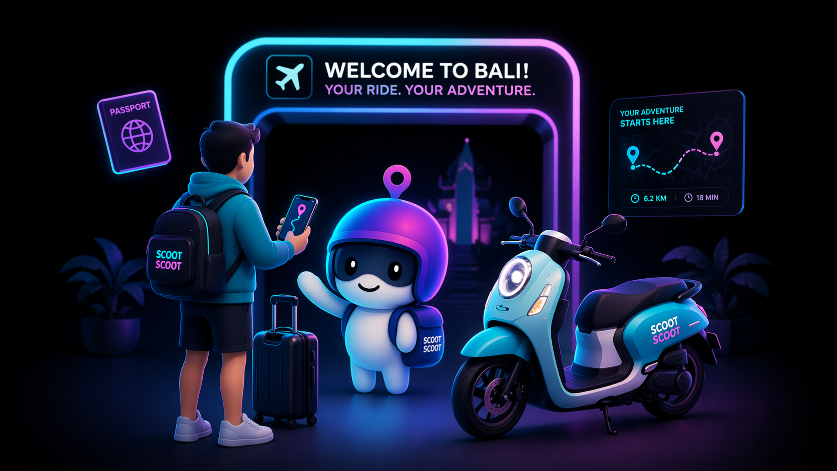 A rider arriving with their luggage, Scootie waving hello, and a ScootScoot scooter waiting