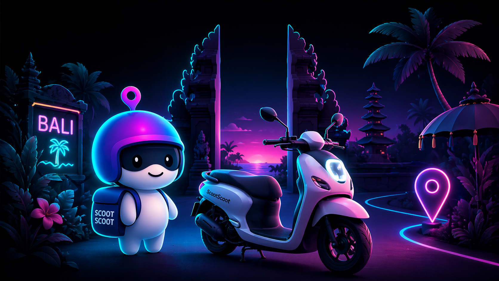 Scootie beside a scooter at a Balinese temple gate