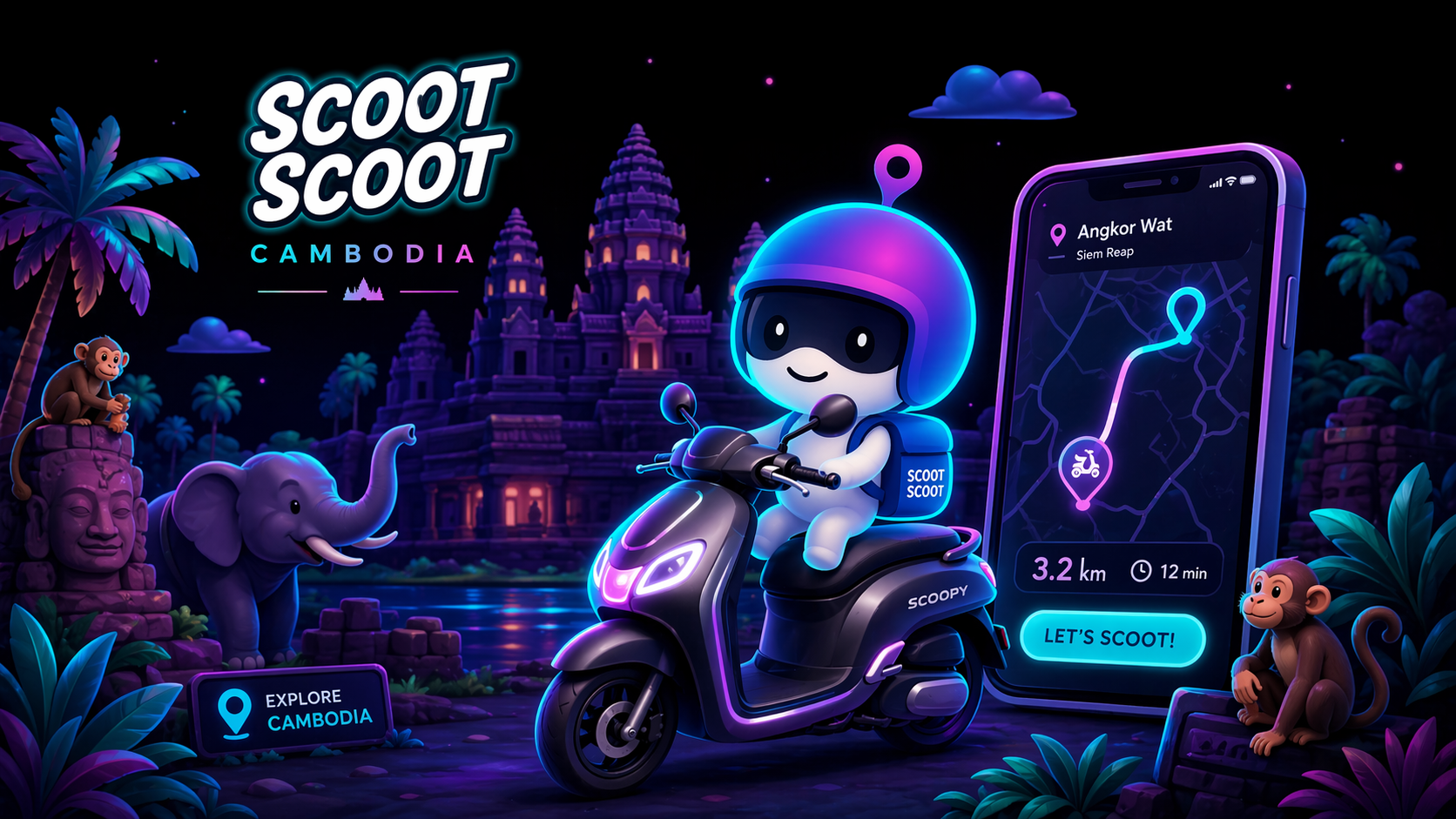 Scootie riding in front of the Angkor temples