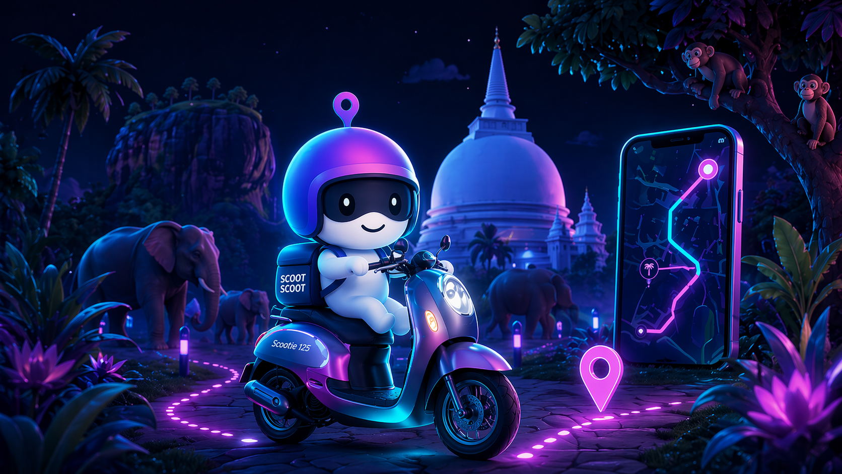 Scootie riding a scooter in Sri Lanka
