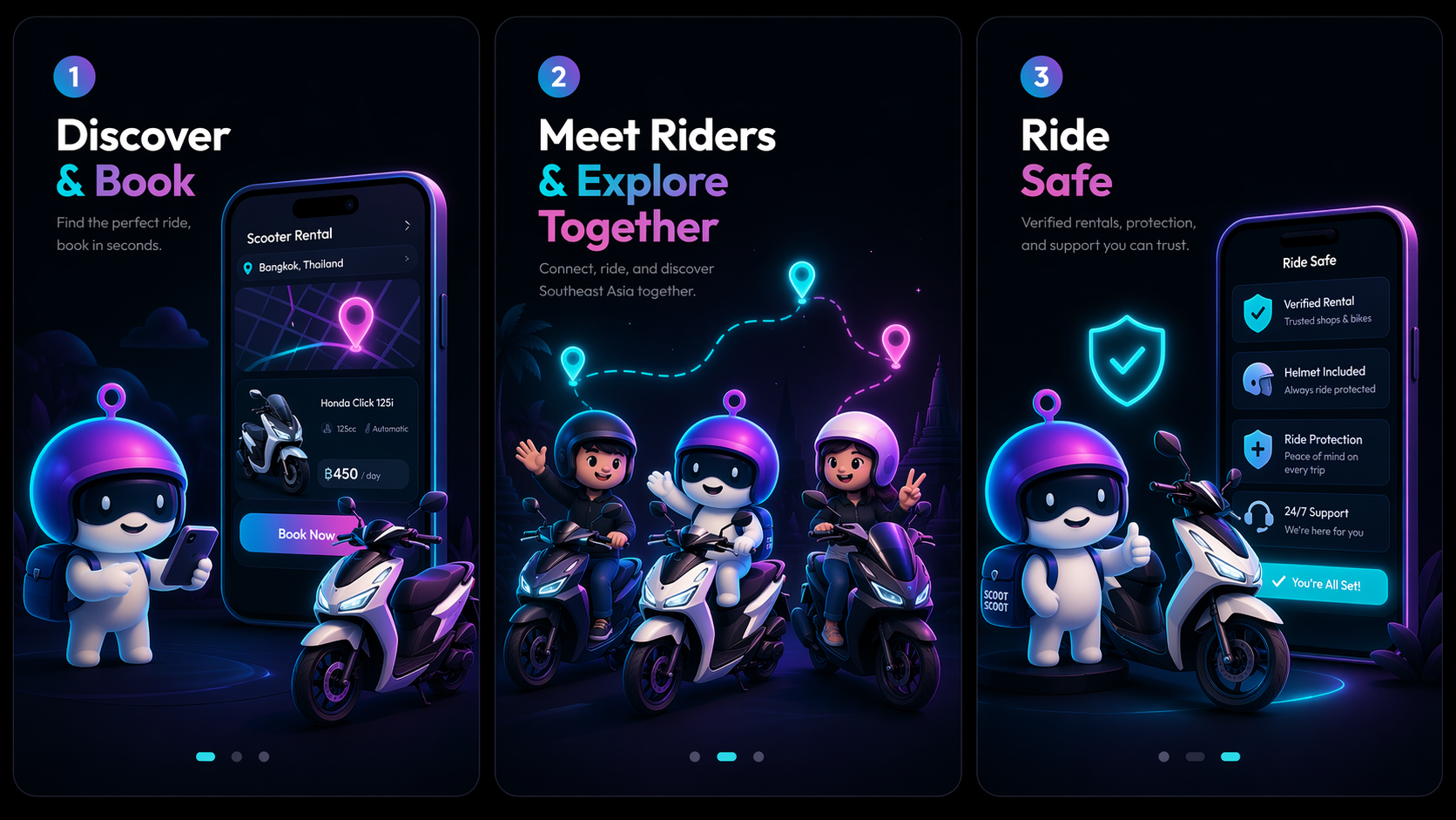 Three steps: discover and book, meet other riders, and ride safe with verified rentals
