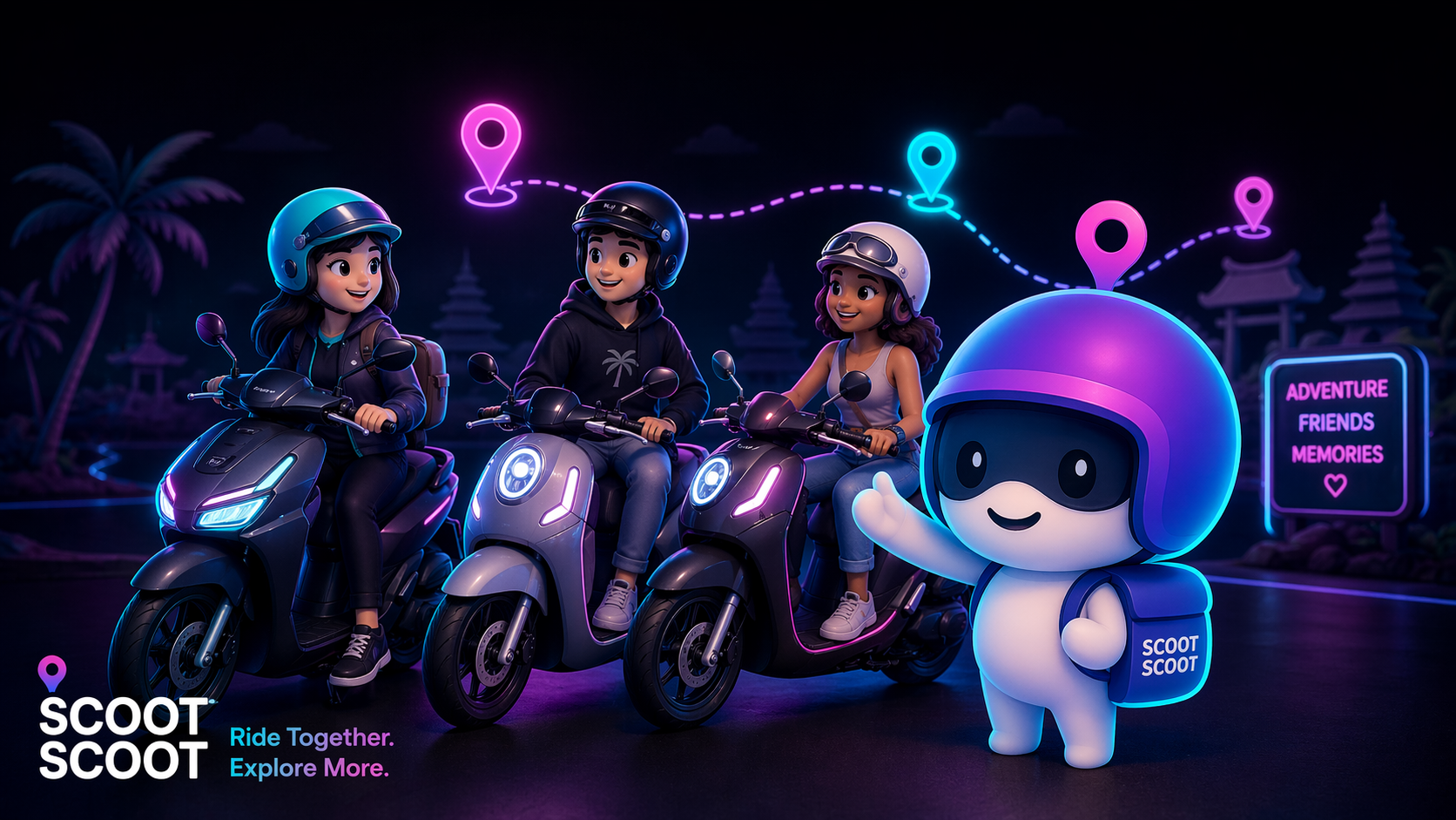 Scootie and real riders on their scooters — the Scootie Gang out exploring together