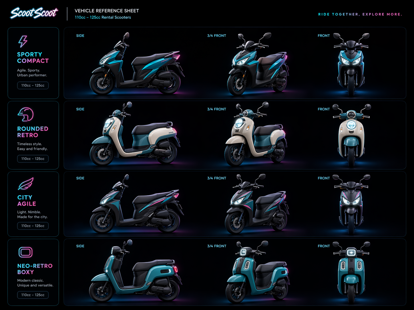 ScootScoot vehicle reference sheet — four scooter archetypes shown from side, 3/4, and front angles